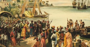 Ilustrasi Pusat Perdagangan Nusantara dengan Pedagang dari Seluruh Dunia